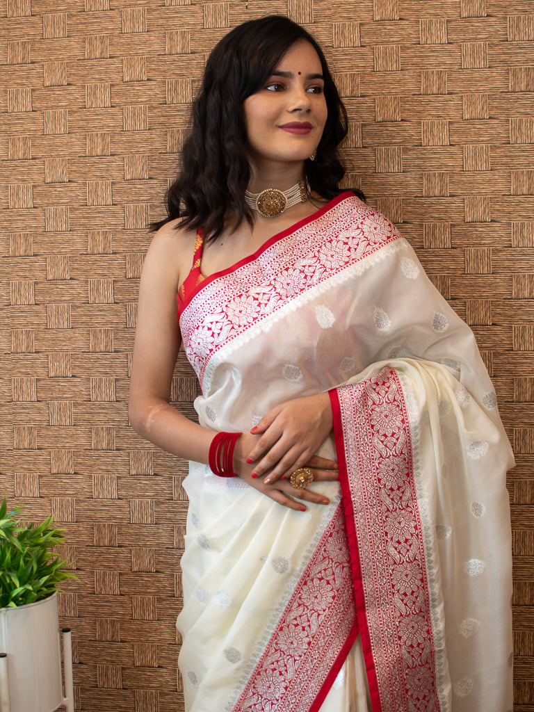 Banarasi Semi Chiffon Saree Silver  Zari Buti Weaving-White & Red