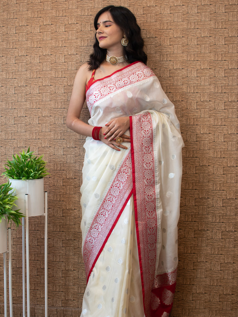 Banarasi Semi Chiffon Saree Silver  Zari Buti Weaving-White & Red