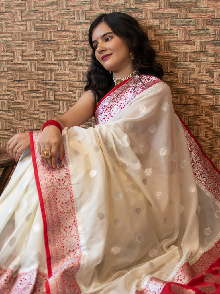 Banarasi Semi Chiffon Saree Silver  Zari Buti Weaving-White & Red