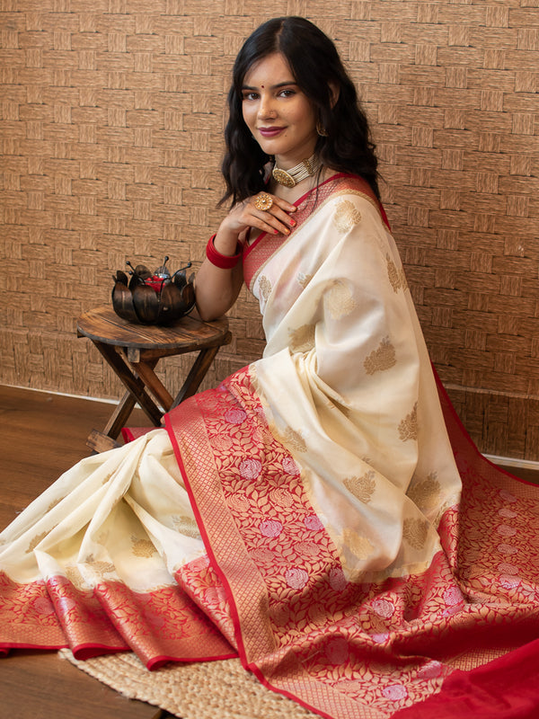 White & Red Colour Pure Soft Silk Saree With Twirling Unstitched Blouse  Piece (Venus)