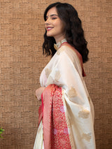 Banarasi Semi Dupion Silk Saree With Silver & Gold Zari Weaving-Off White & Red