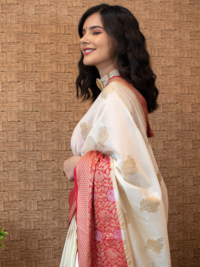 Banarasi Semi Dupion Silk Saree With Silver & Gold Zari Weaving-Off White & Red