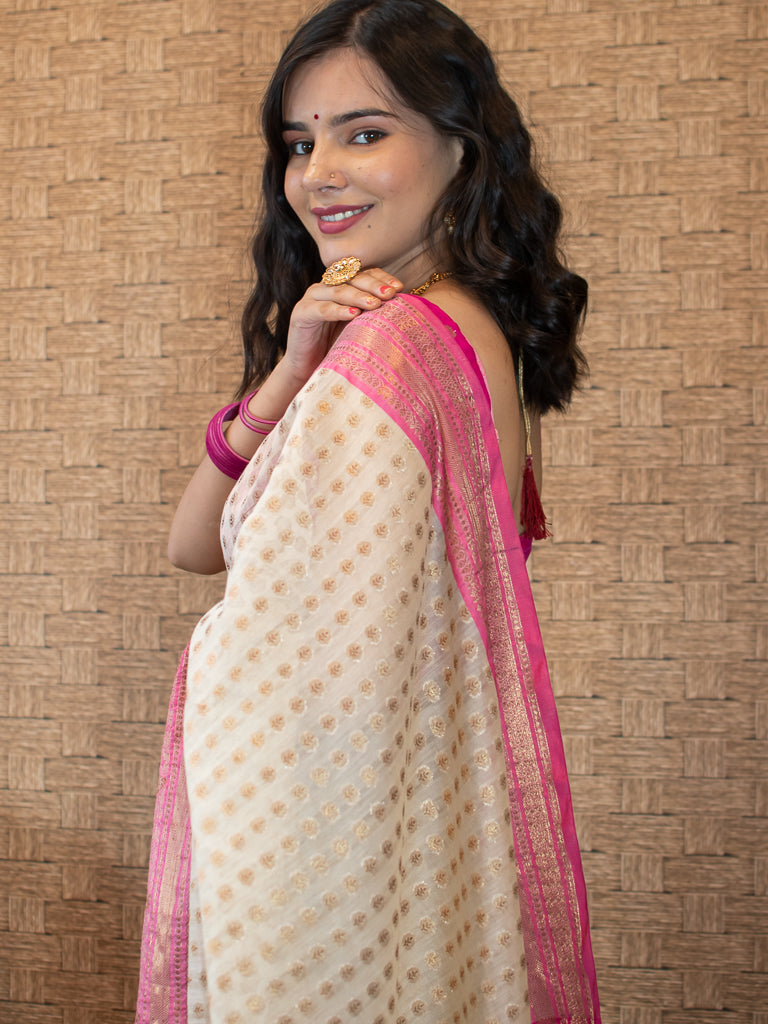 Banarasi Cotton Silk Saree With Contrast Border-Beige
