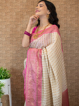 Banarasi Cotton Silk Saree With Contrast Border-Beige
