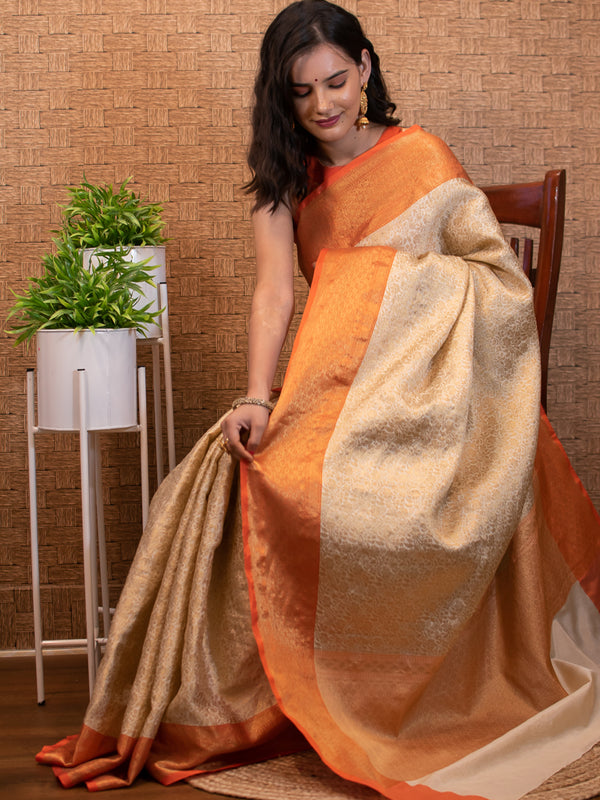Banarasi Kora Muslin Saree With Tanchoi Weaving & Contrast  Border-Beige