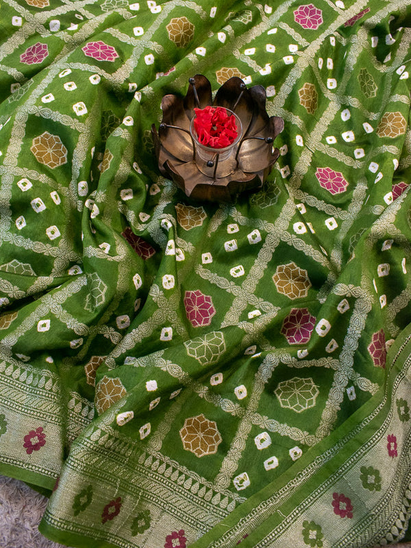 Banarasi Semi Silk Bandhini Saree With Aada Zari & Meena Jaal Weaving-Green