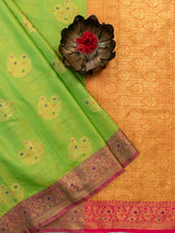 Banarasi Cotton Linen Mix Saree With Resham Peacock Weaving-Green
