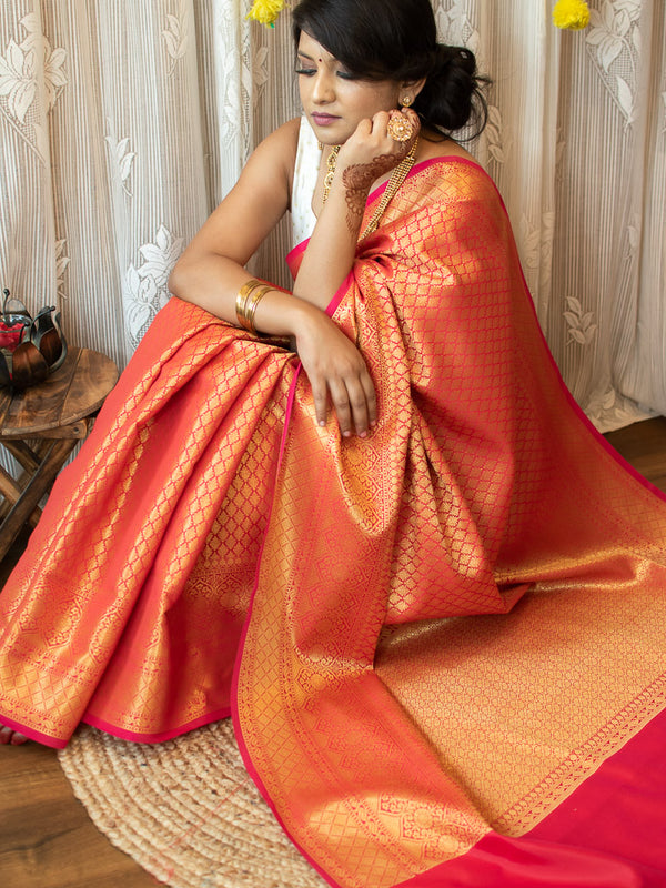 Banarasi Semi Silk Saree With Tanchoi Weaving-Red