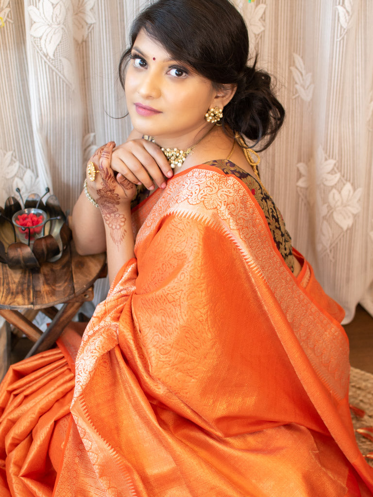 Banarasi Semi Silk Saree With Tanchoi Weaving-Orange