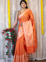 Banarasi Semi Silk Saree With Tanchoi Weaving-Orange