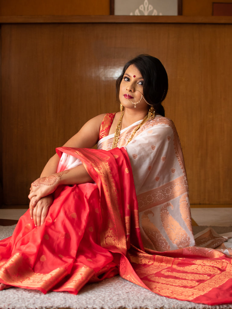 Banarasi Semi Chiffon Saree With Half & Half Copper Zari Buti Weaving-White & Red