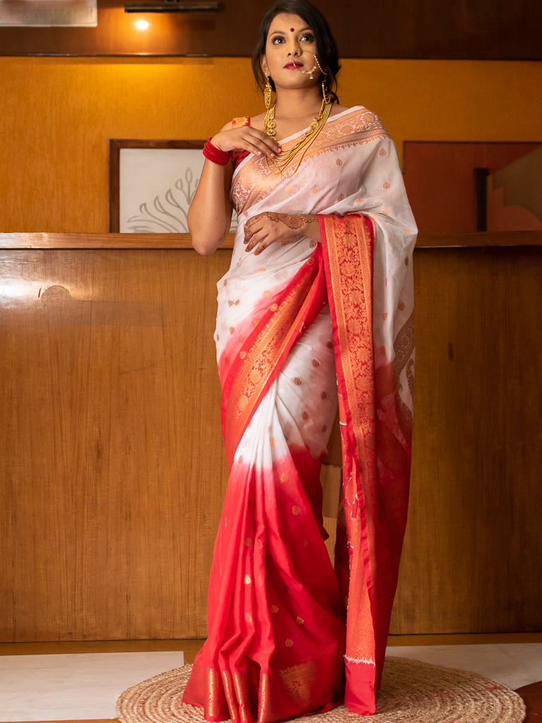 Banarasi Semi Chiffon Saree With Half & Half Copper Zari Buti Weaving-White & Red