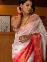 Banarasi Semi Chiffon Saree With Half & Half Copper Zari Buti Weaving-White & Red