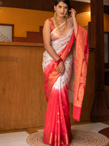 Banarasi Semi Chiffon Saree With Half & Half Copper Zari Buti Weaving-White & Red
