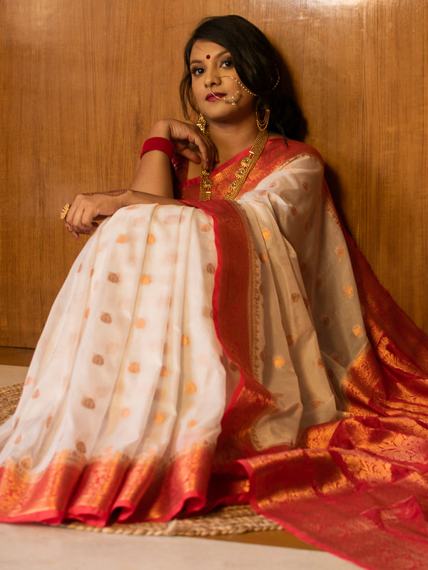 Banarasi Semi Chiffon Saree With  Copper Zari Buti Weaving-White & Red