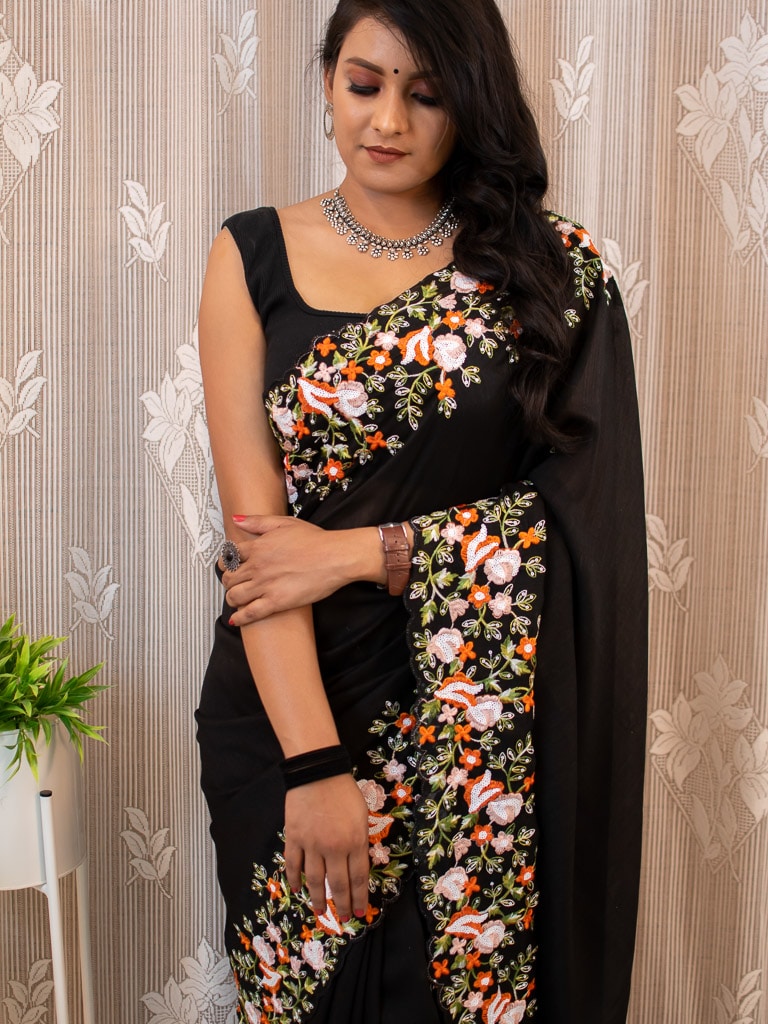 Multicolored Floral Embroidered Organza Mix Saree-Black