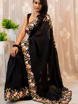 Multicolored Floral Embroidered Organza Mix Saree-Black
