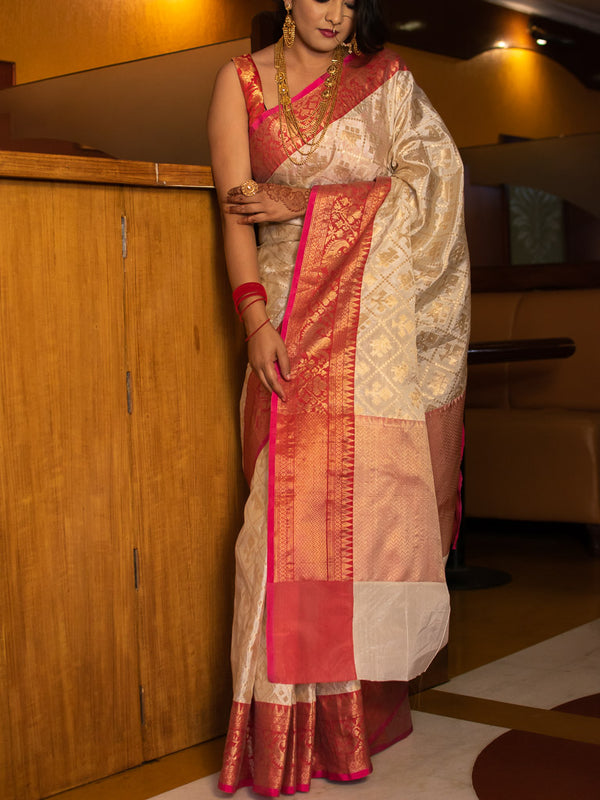 Off White And Pink Half And Half Saree -