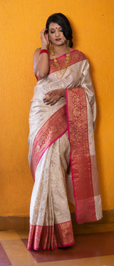 Banarasi Cotton Silk Saree With Contrast Border-Off White