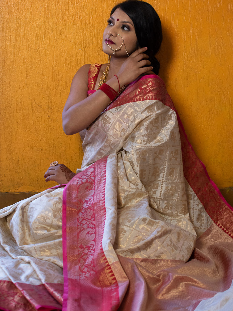 Banarasi Cotton Silk Saree With Contrast Border-Off White