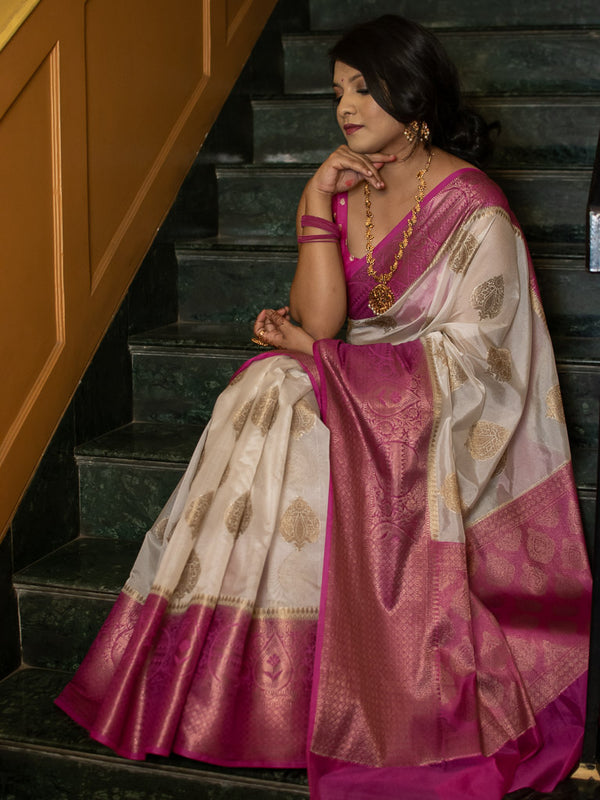 Banarasi Semi Dupion Silk Saree With Contrast Skirt Border-White & Pink
