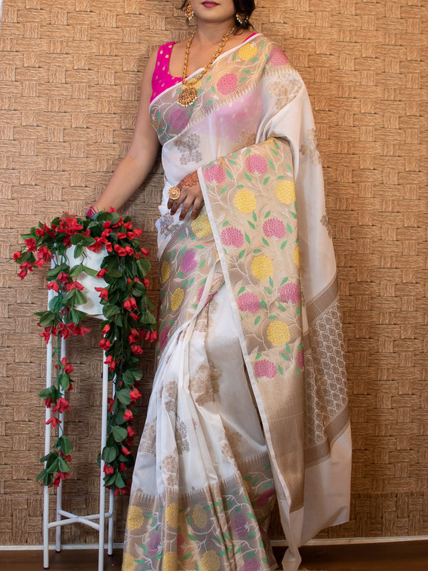 Banarasi Meenakari Floral Semi Dupion Silk Saree-Off White