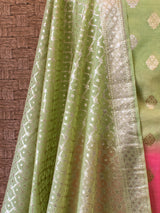 Banarasi Pure Cotton Silk Dual Shade Salwar Kameez Material With Silver Zari Weaving-Green & Pink