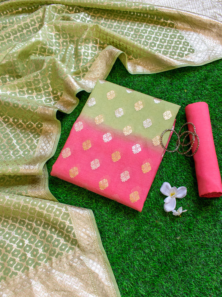 Banarasi Pure Cotton Silk Dual Shade Salwar Kameez Material With Silver Zari Weaving-Green & Pink