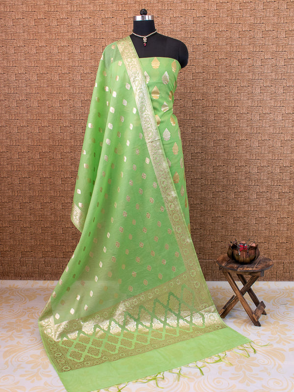 Banarasi Pure Cotton Silk Salwar Kameez Material With Silver Zari Weaving-Green