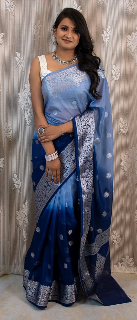 Banarasi Dual Shade Semi Chiffon Saree Silver Zari Buti Weaving-Blue
