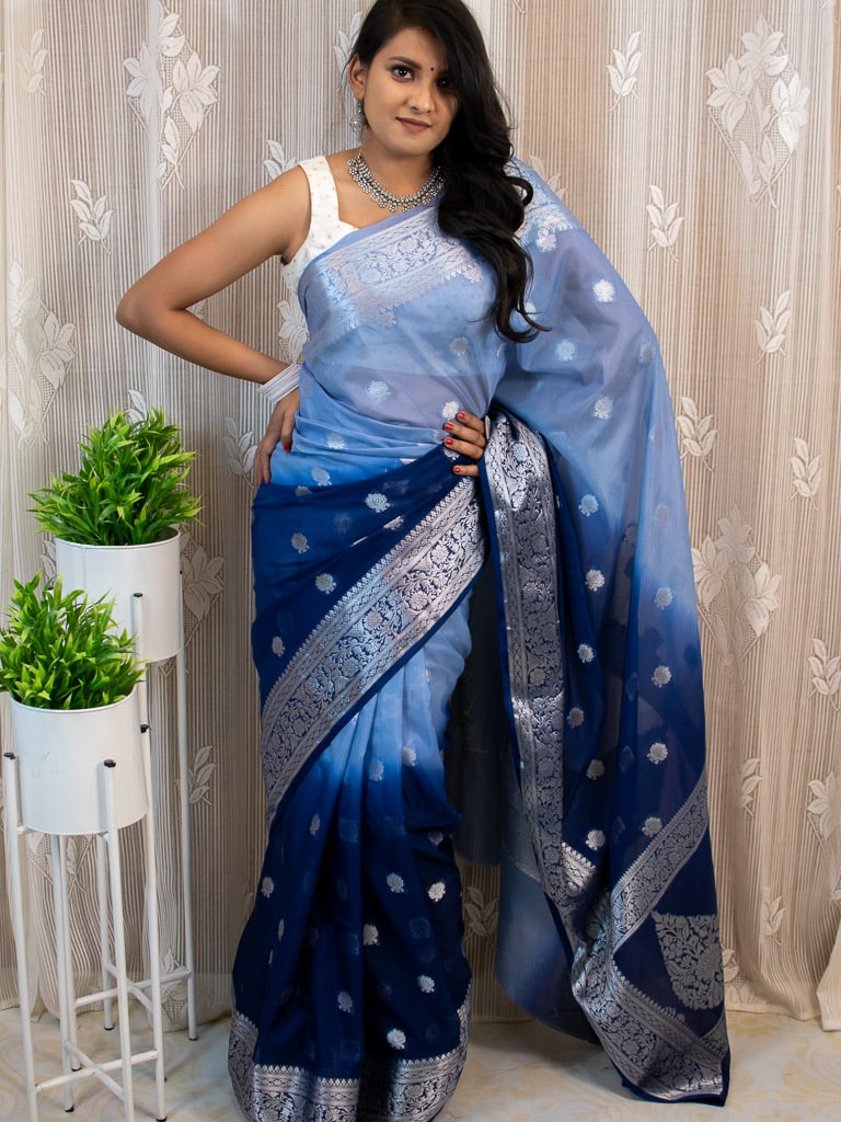 Banarasi Dual Shade Semi Chiffon Saree Silver Zari Buti Weaving-Blue