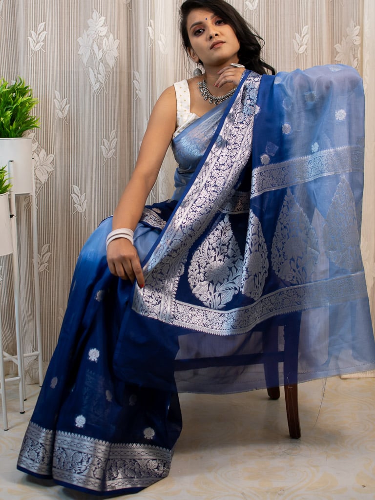 Banarasi Dual Shade Semi Chiffon Saree Silver Zari Buti Weaving-Blue