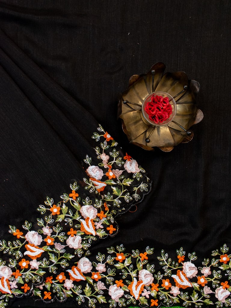 Multicolored Floral Embroidered Organza Mix Saree-Black