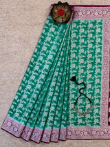 Banarasi Kora Saree With Silver Jaal Zari Weaving & Contrast Border-Green & Wine