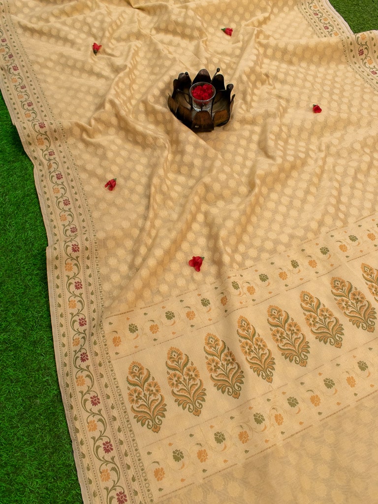 Banarasi Pure Cotton Saree Zari & Resham Buti Weaving-Beige