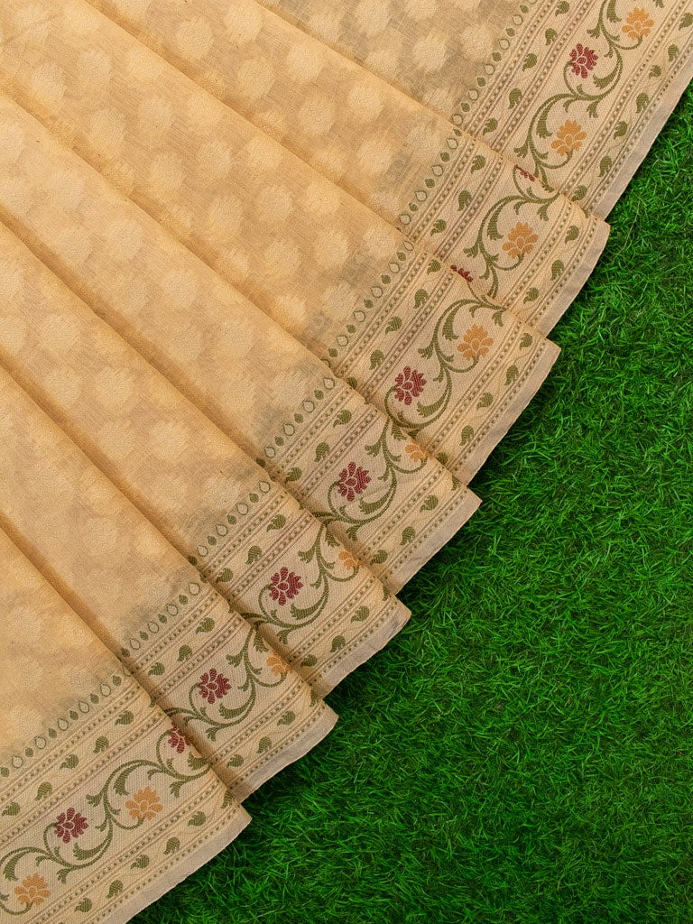 Banarasi Pure Cotton Saree Zari & Resham Buti Weaving-Beige