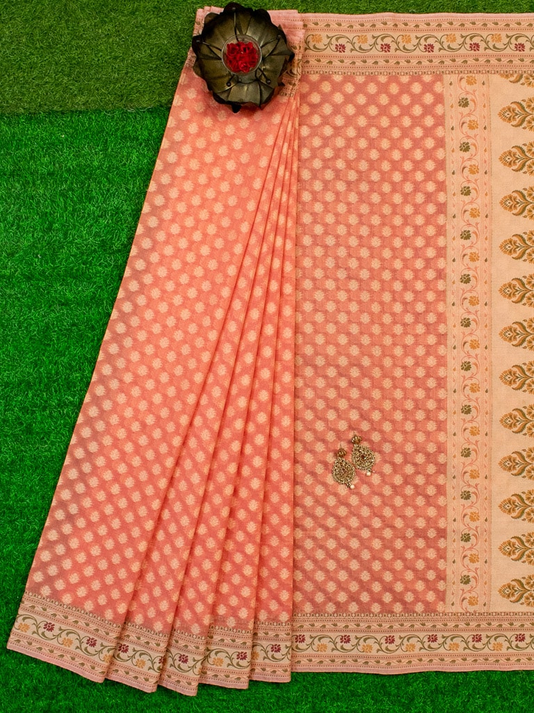 Banarasi Pure Cotton Saree Zari & Resham Buti Weaving-Orange