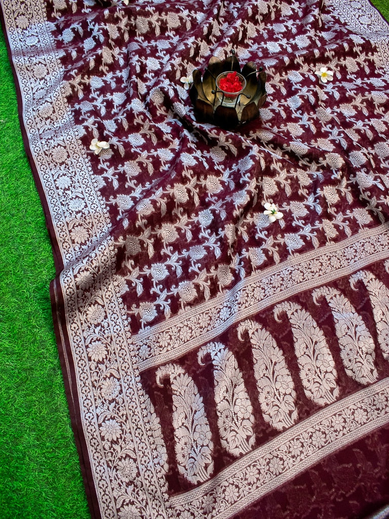 Banarasi Kora Saree With Silver Jaal Zari Weaving-Wine