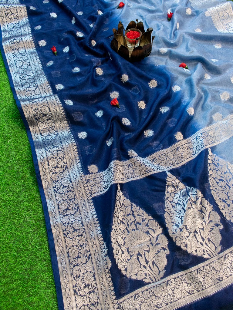 Banarasi Dual Shade Semi Chiffon Saree Silver Zari Buti Weaving-Blue