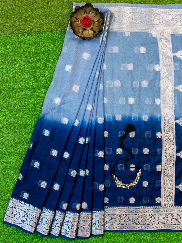 Banarasi Dual Shade Semi Chiffon Saree Silver Zari Buti Weaving-Blue