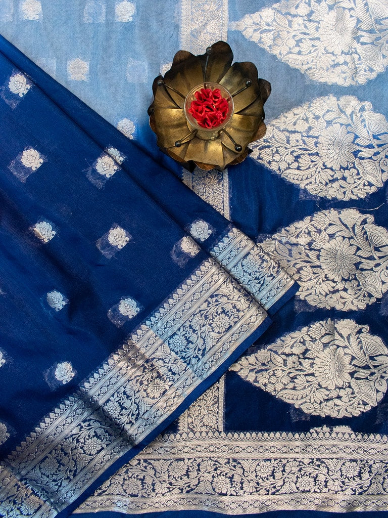 Banarasi Dual Shade Semi Chiffon Saree Silver Zari Buti Weaving-Blue