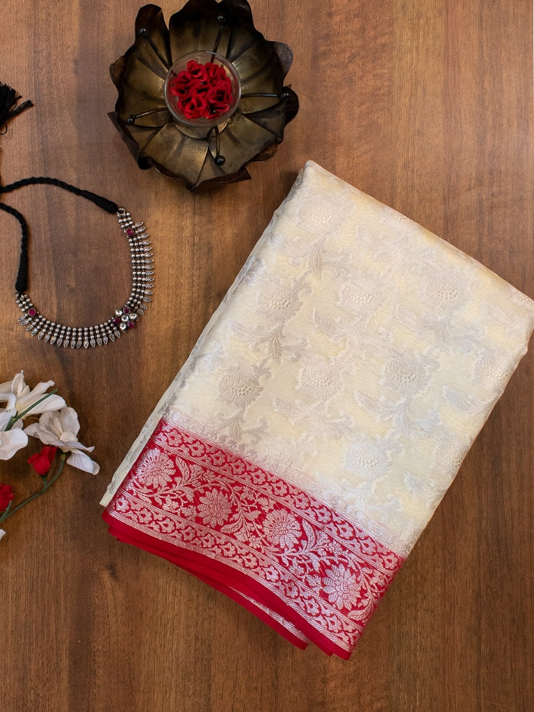 Banarasi Kora Saree With Silver Jaal Zari Weaving & Contrast Border-White & Red