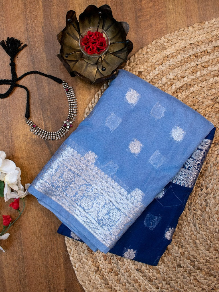 Banarasi Dual Shade Semi Chiffon Saree Silver Zari Buti Weaving-Blue