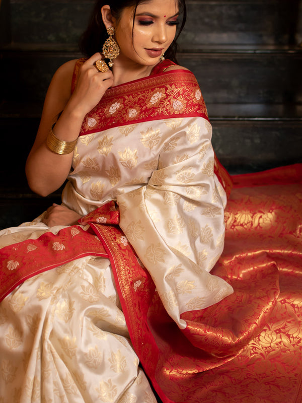 Banarasi Art Silk Saree With Contrast Meena Border-White & Red