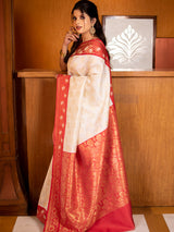 Banarasi Art Silk Saree With Contrast Meena Border-White & Red