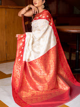 Banarasi Art Silk Saree With Contrast Meena Border-White & Red