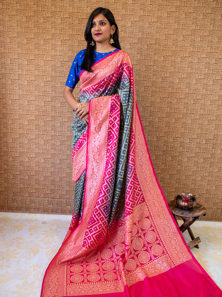 Banarasi Semi Silk Bandhini Saree With Zari Jaal Weaving-Grey & Pink