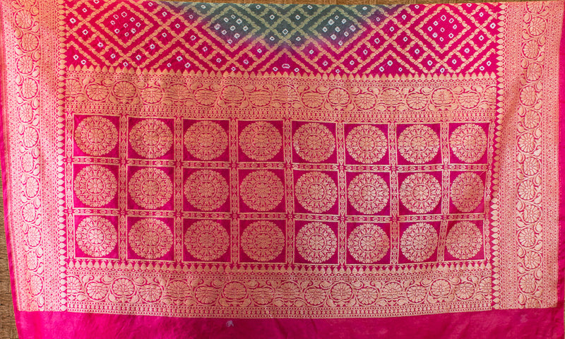 Banarasi Semi Silk Bandhini Saree With Zari Jaal Weaving-Grey & Pink