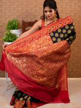 Banarasi Art Silk Saree With Contrast Meena Border-Black & Red