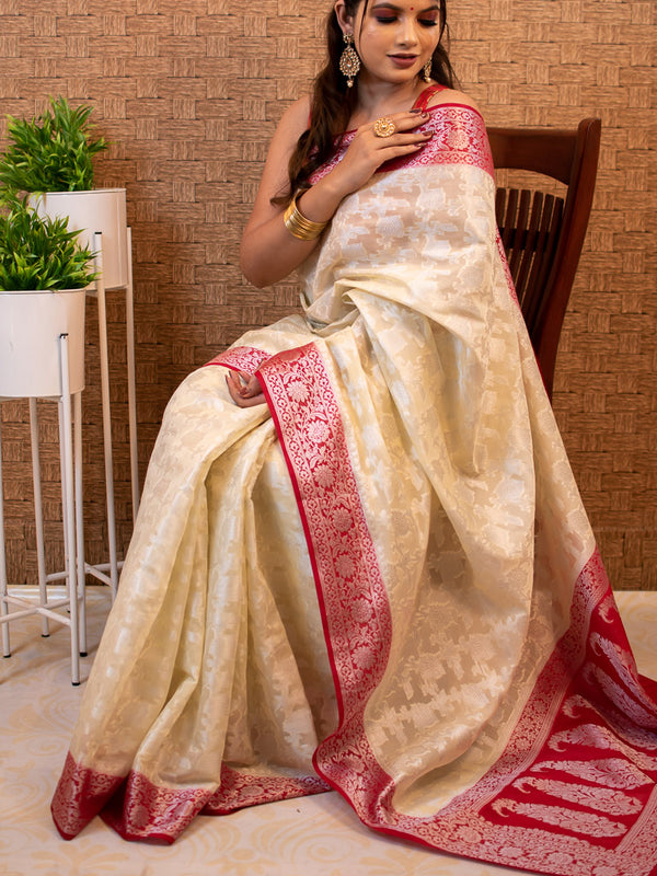 Banarasi Kora Saree With Silver Jaal Zari Weaving & Contrast Border-White & Red